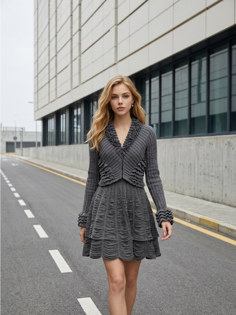 Women's Alaia Gray Ribbed Knit Bolero Sweater and Skirt Set